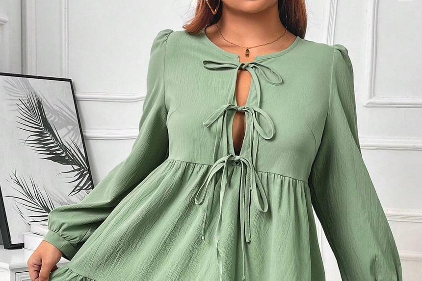 Plus Size Long-Sleeve Round Neck Plain Bow Cutout A-Line Dress Product Image