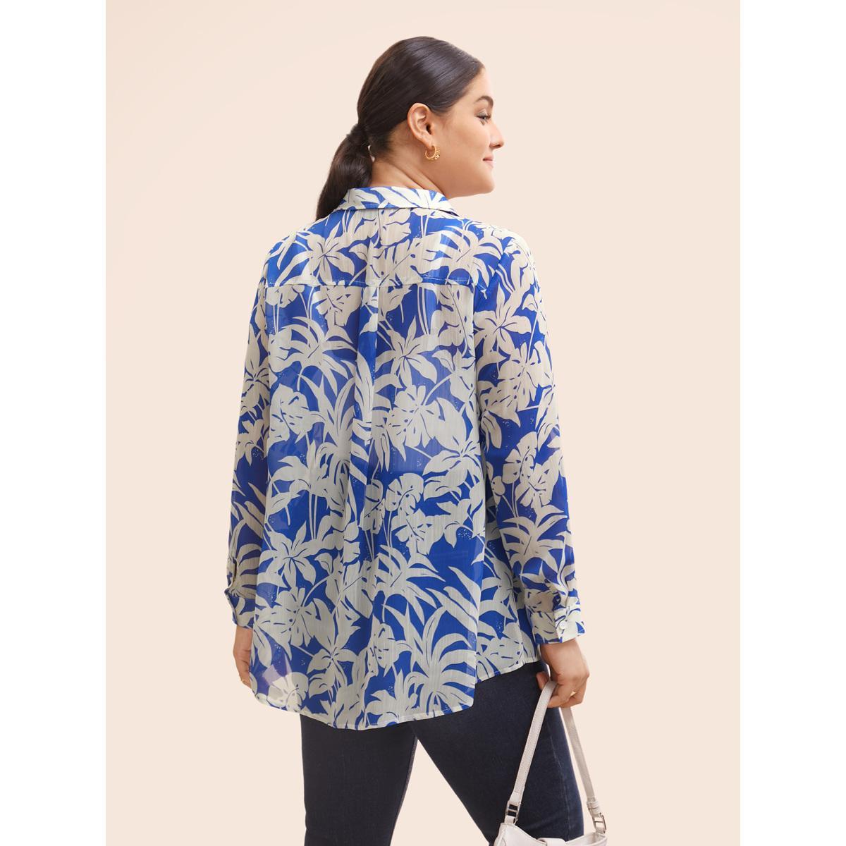 Plus Size Brightblue Silhouette Floral Print Shirt Collar Blouse Women Work From Home Long Sleeve Shirt collar Work Blouses BloomChic 30/6X Product Image