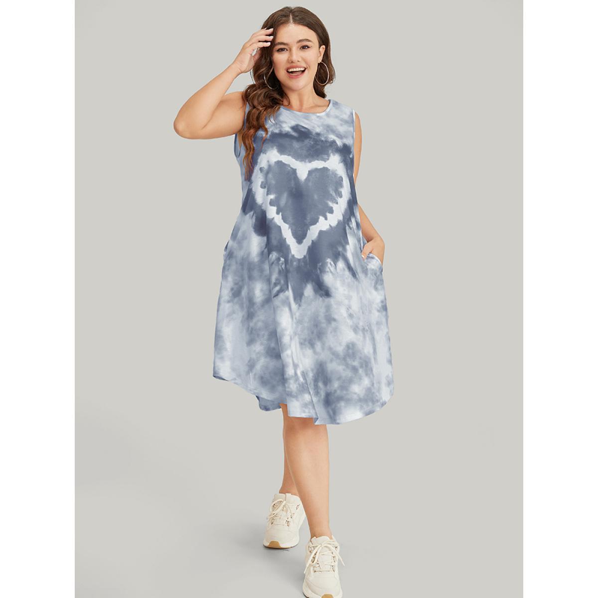 Plus Size Heart Print Pocket Arc Hem Tie Dye Tank Dress SlateGray Women Casual Arc Hem Round Neck Sleeveless Curvy Midi Dress BloomChic 26/4X Product Image