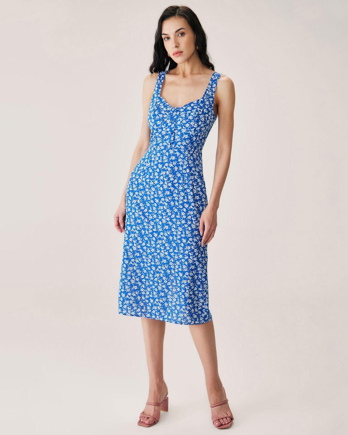 Blue Floral Slit Slip Midi Dress Product Image