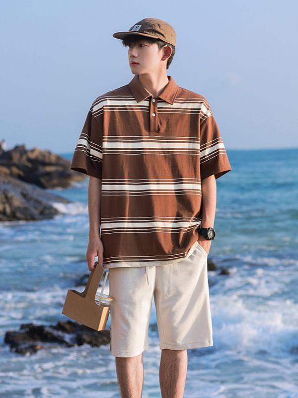 Set: Short-Sleeve Collar Striped T-Shirt + Shorts Product Image