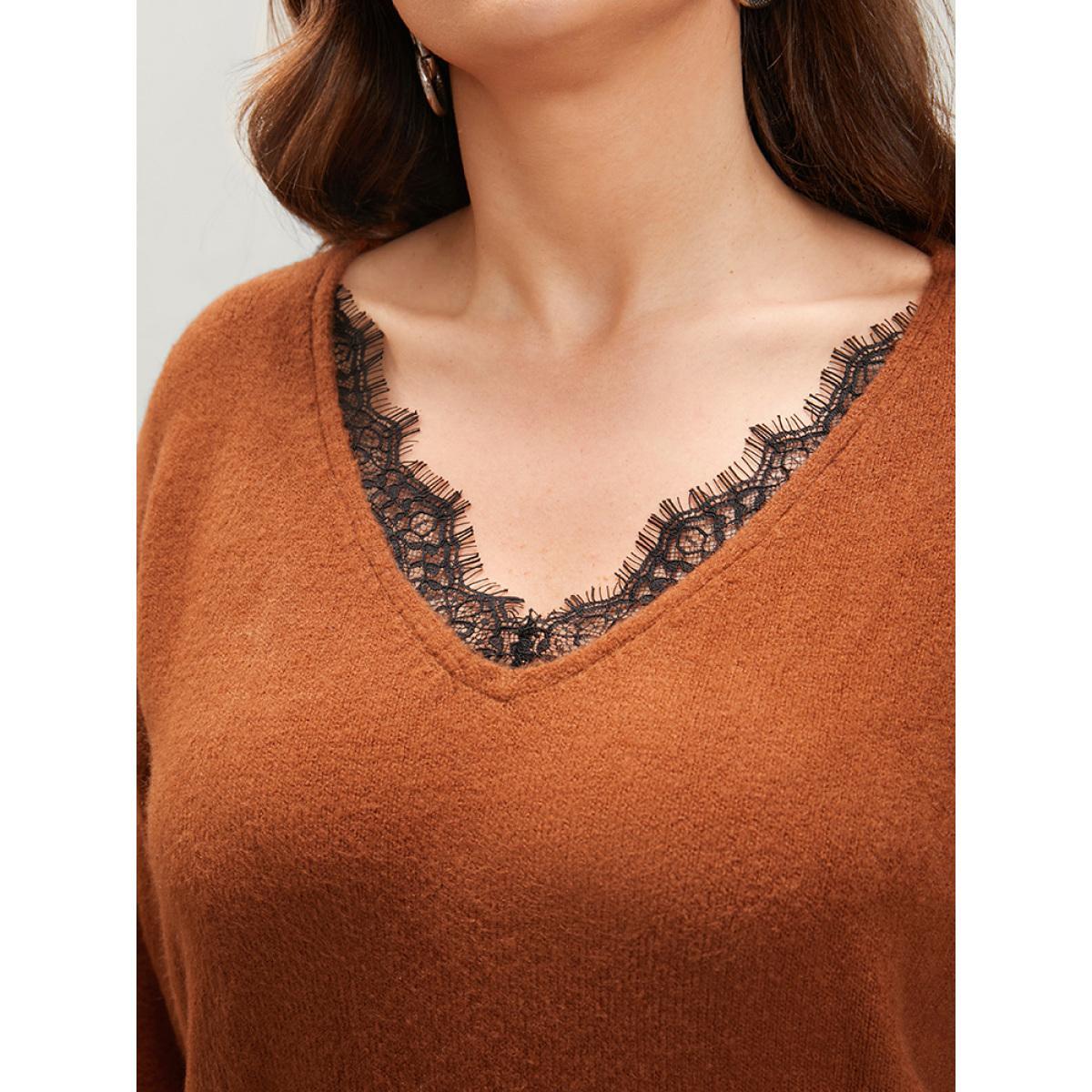 Plus Size Solid Pointelle Knit Lace Trim V Neck Knit Top Bronze Women Elegant Loose Long Sleeve V-neck Dailywear Pullovers BloomChic 28/5X Product Image