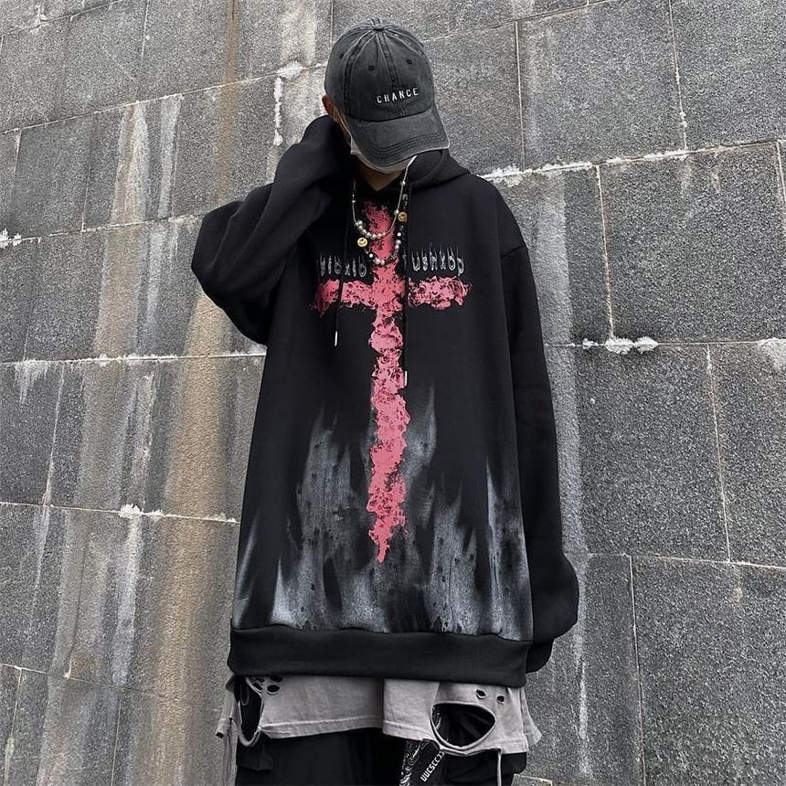 Long Sleeve Crewneck Cross Print Oversized Hoodie Product Image