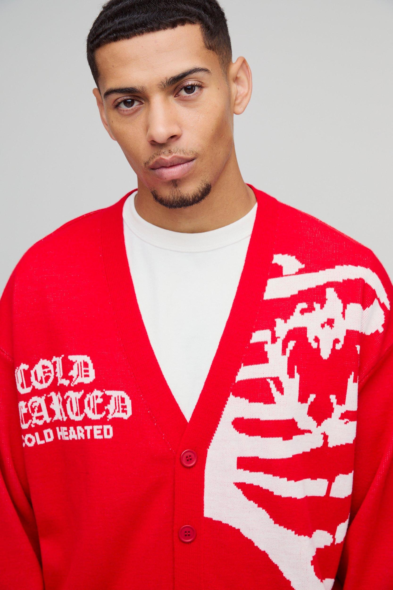 Oversized Boxy Drop Shoulder Spliced Skeleton Printed Knitted Cardigan | boohooMAN USA Product Image