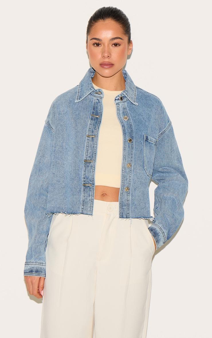 Mid Blue Wash Raw Hem Cropped Denim Shirt Product Image