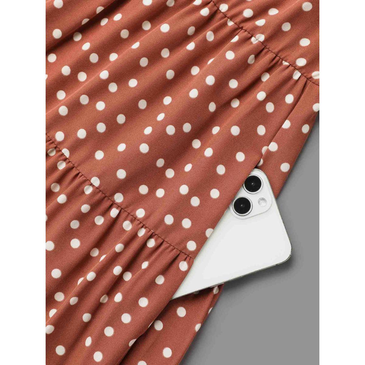 Plus Size Polka Dot Waist-Cinched Tiered Dress Rust Women At the Office Ruffles Round Neck Long Sleeve Curvy BloomChic 18-20/2X Product Image