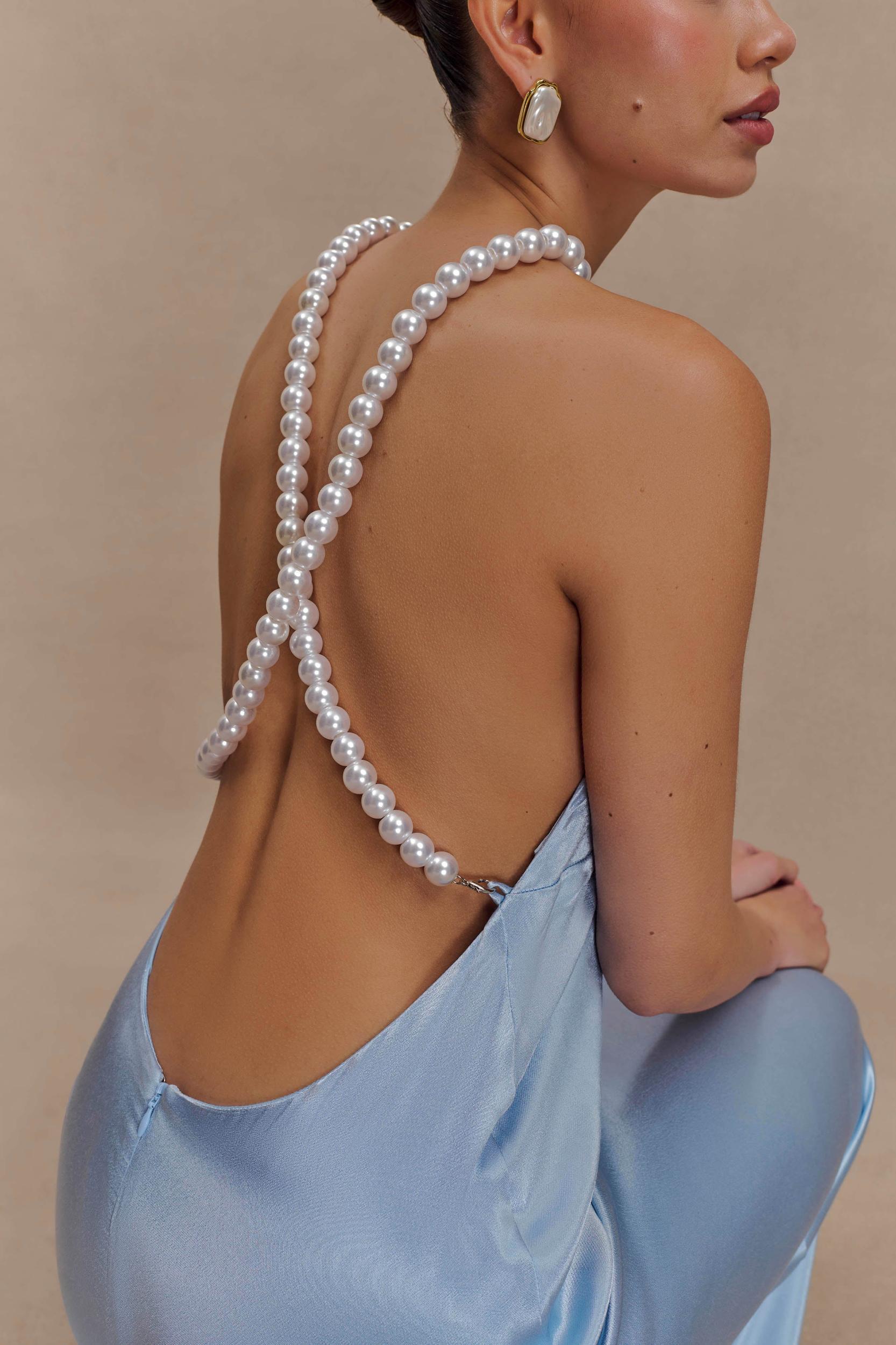Blanche Satin Pearl Halter Maxi Dress - Cornflower Blue Product Image