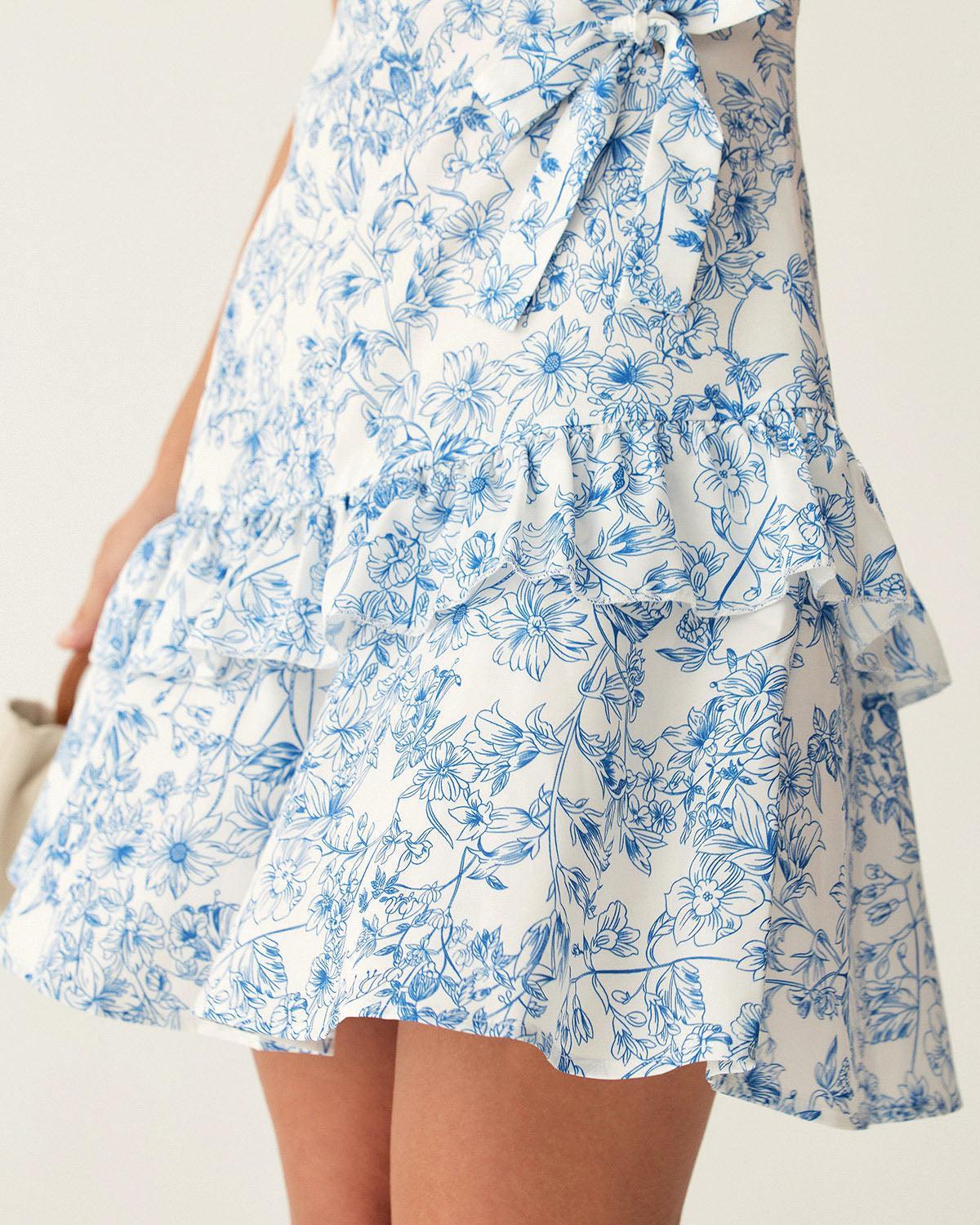 Blue Floral Tiered Halter Mini Dress Product Image
