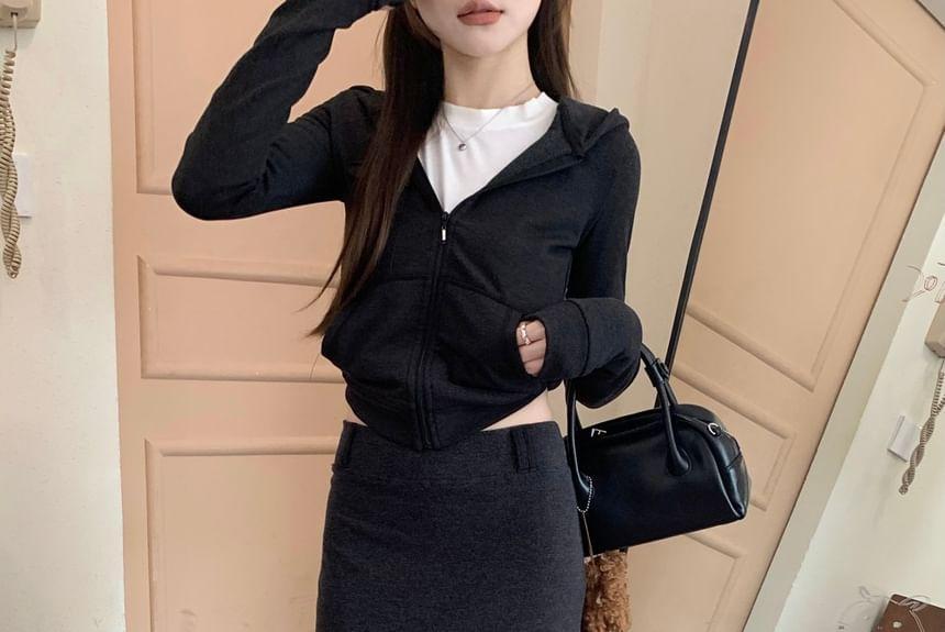 Hooded Plain Zip-Up Jacket / High Rise Maxi A-Line Skirt Product Image