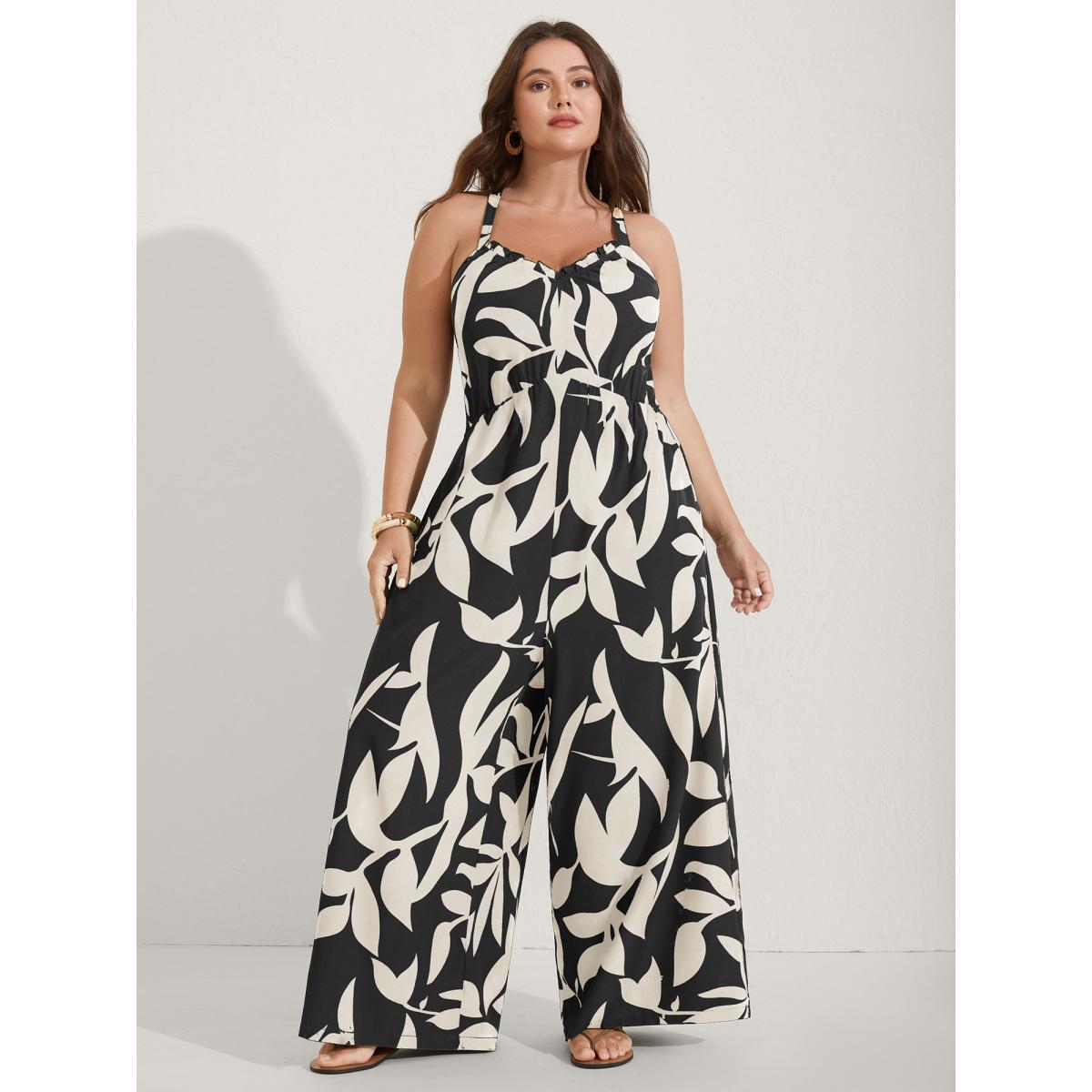 Plus Size Black Silhouette Floral Print Sweetheart Jumpsuit Women Sleeveless V-neck Everyday-Elegant Loose Jumpsuits BloomChic 30/6X Product Image