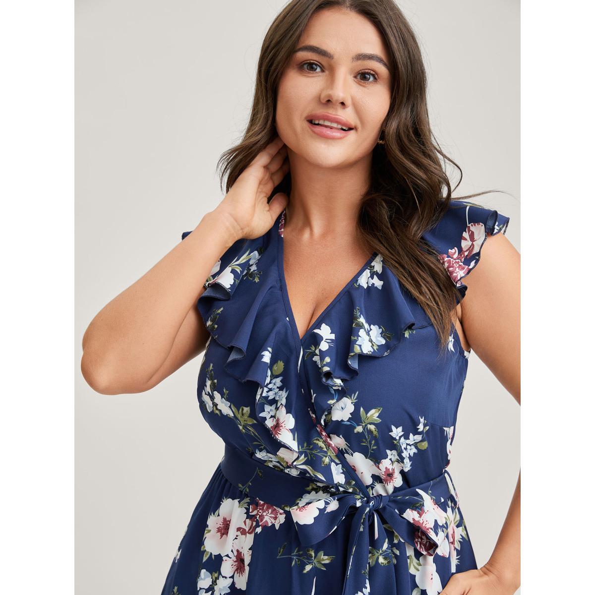 Plus Size Floral Belted Waist Ruffled Pockets Midi Dress DarkBlue Women Overlap Collar Cap Sleeve Curvy BloomChic 30/6X Product Image