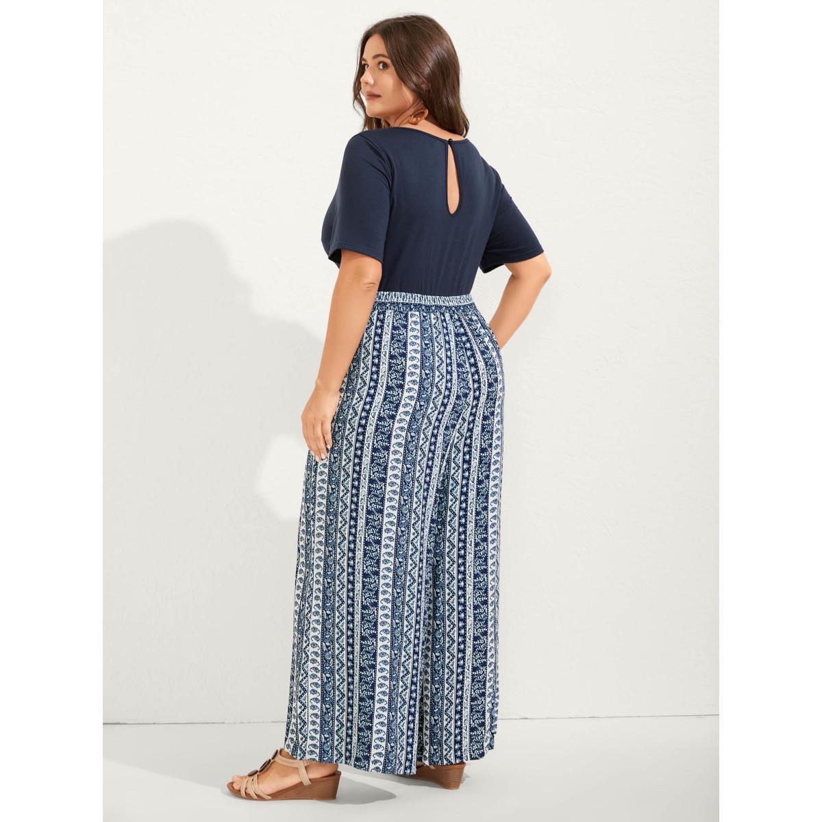 Plus Size Indigo Boho Striped Shirred Contrast Jumpsuit Women Short sleeve U-neck Vacation Loose Jumpsuits BloomChic 18-20/2X Product Image