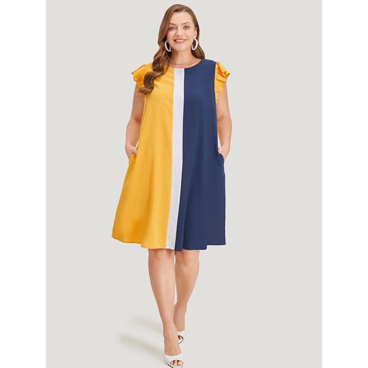 Plus Size Contrast Patchwork Pocket Ruffle Cap Sleeve Dress Multicolor Women Office Contrast Round Neck Cap Sleeve Curvy Knee Dress BloomChic 22-24/3X Product Image
