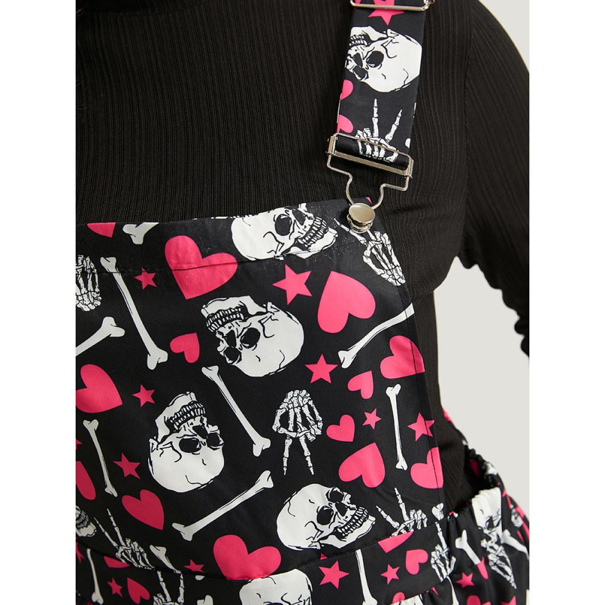 Plus Size Black Halloween Skull &Heart Print Pocket Gathered Jumpsuit Women Casual Sleeveless Spaghetti Strap Festival-Halloween Loose Jumpsuits BloomChic 10/M Product Image