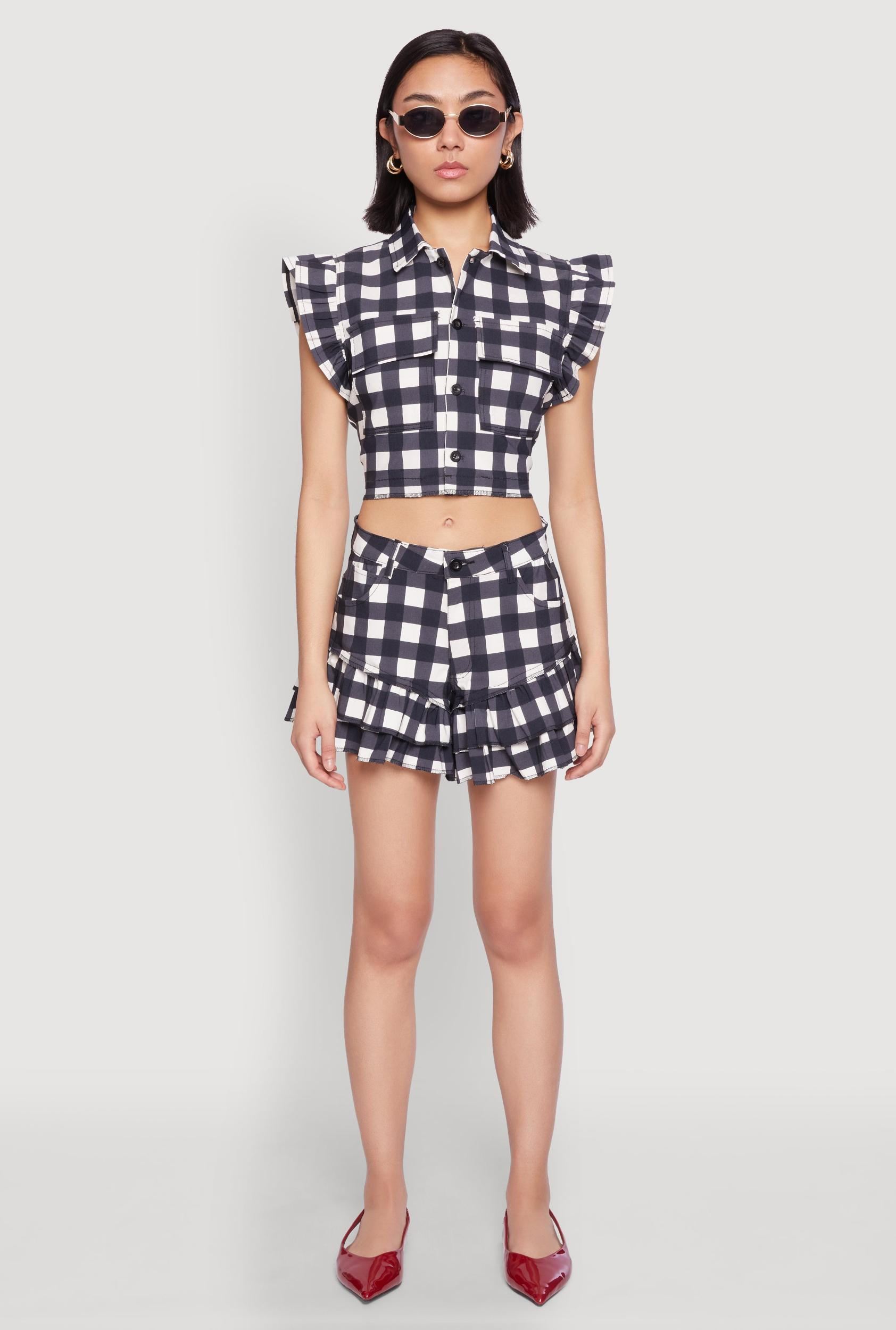 Womens Ruffled Hem Buffalo Plaid Shorts Product Image
