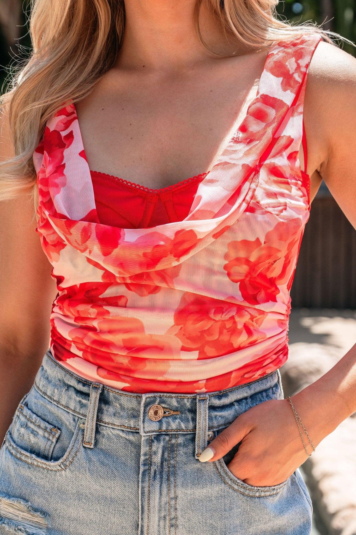 Red Floral Mesh Built-in-Bra Top - FINAL SALE Product Image