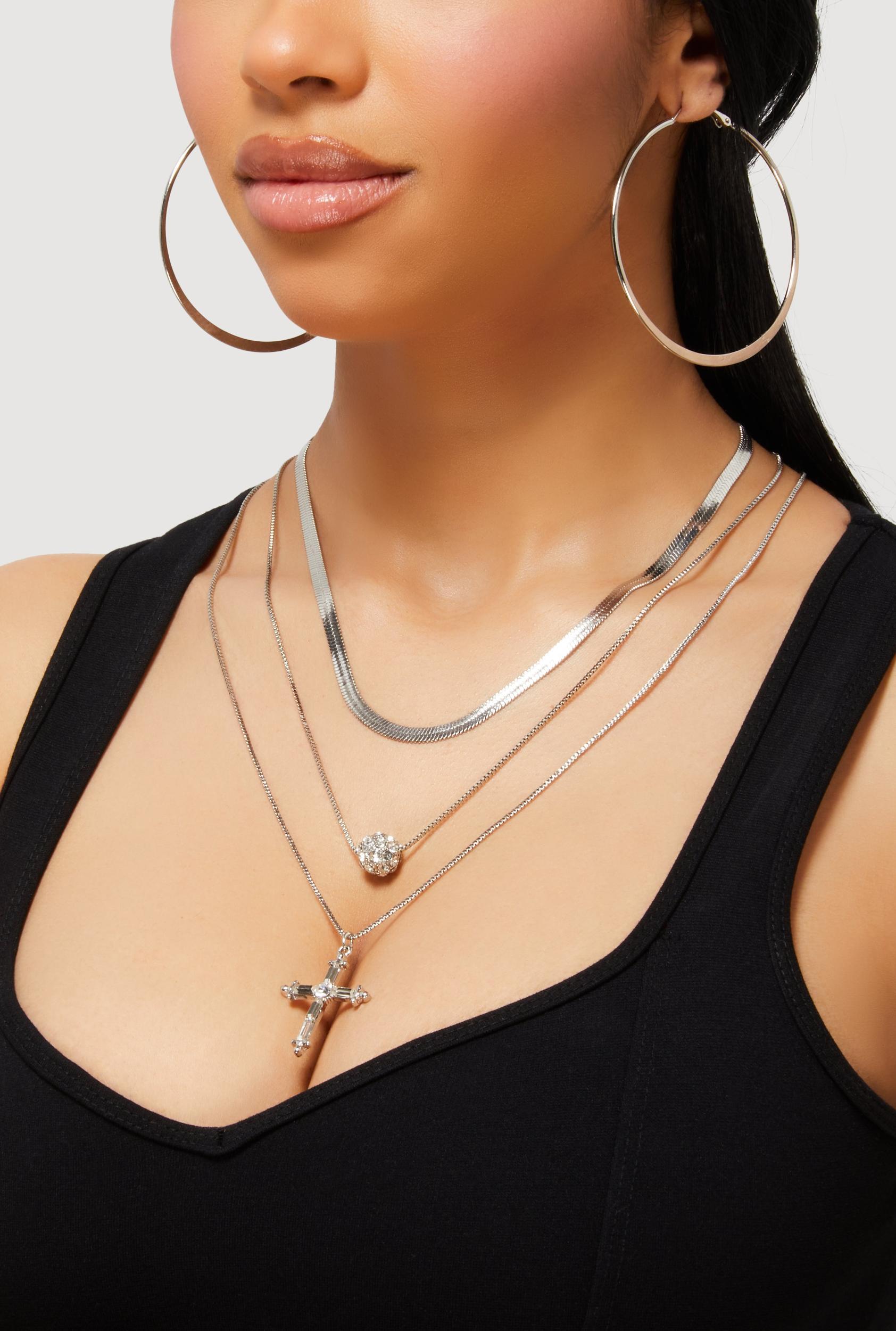 Cubic Zirconia Cross Layered Necklace and Hoop Earrings Female Product Image