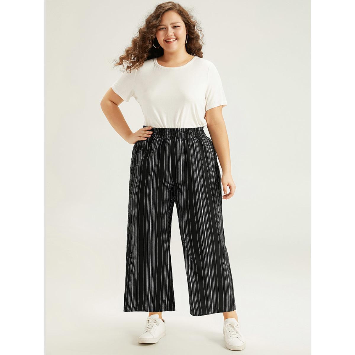 Plus Size Striped Elastic Waist Straight Leg Pants Women Black Casual Straight Leg High Rise Dailywear Pants BloomChic 14-16/1X Product Image
