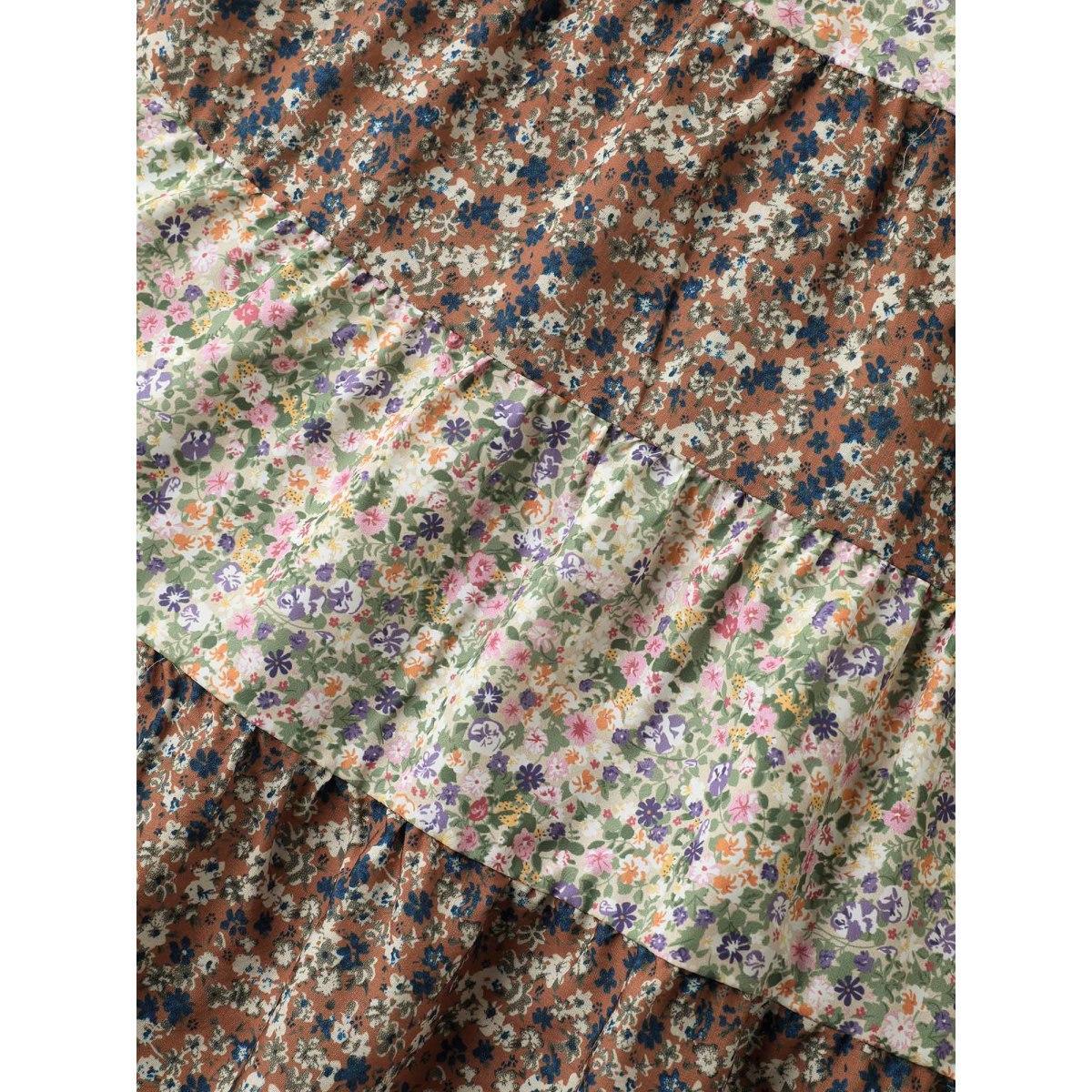 Plus Size Multicolor Ditsy Floral Print Tiered Blouse Women Short sleeve Round Neck Everyday-Elegant Blouses BloomChic 12/L Product Image