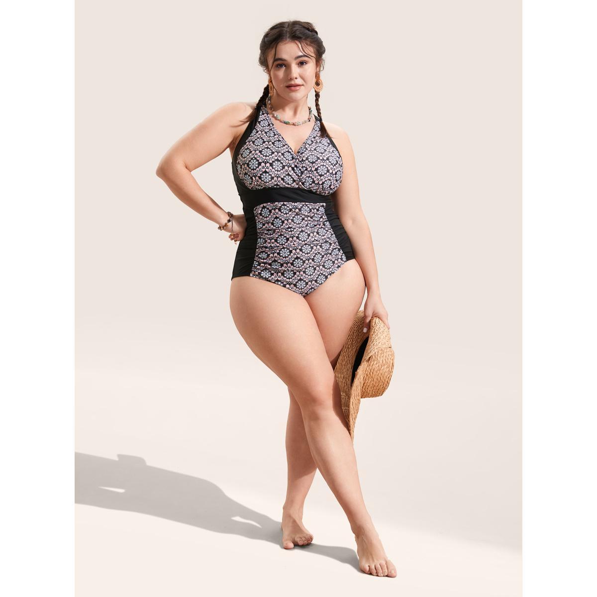 Plus Size Overlap Collar Boho Print Patchwork One Piece Swimsuit Women's Swimwear Black Beach Gathered Curve Bathing Suits High stretch One Pieces BloomChic 14-16/1X Product Image