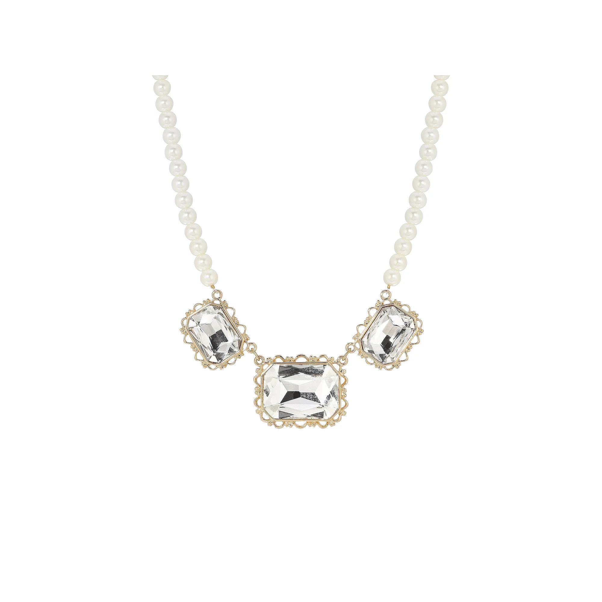 1928 Faux Pearl Faceted Glass Collar Necklace, Womens, White Gold Product Image