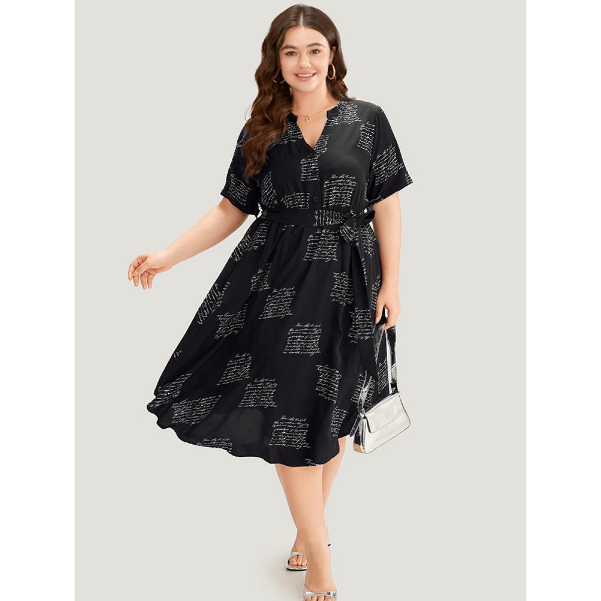 Plus Size Letter Print Notched Belted Arc Hem Dress Black Women Office Belted Mock Neck Short sleeve Curvy Midi Dress BloomChic 10/M Product Image