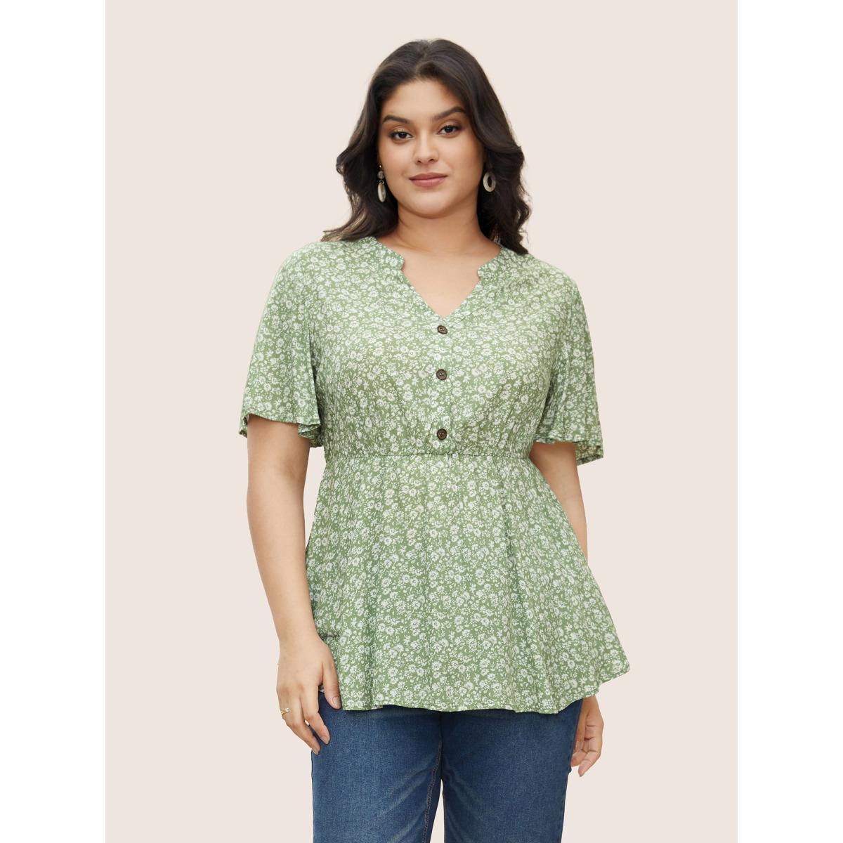 Plus Size Mint Ditsy Floral Notched Button Detail Blouse Women Elegant Short sleeve V-neck Everyday Blouses BloomChic 12/L Product Image