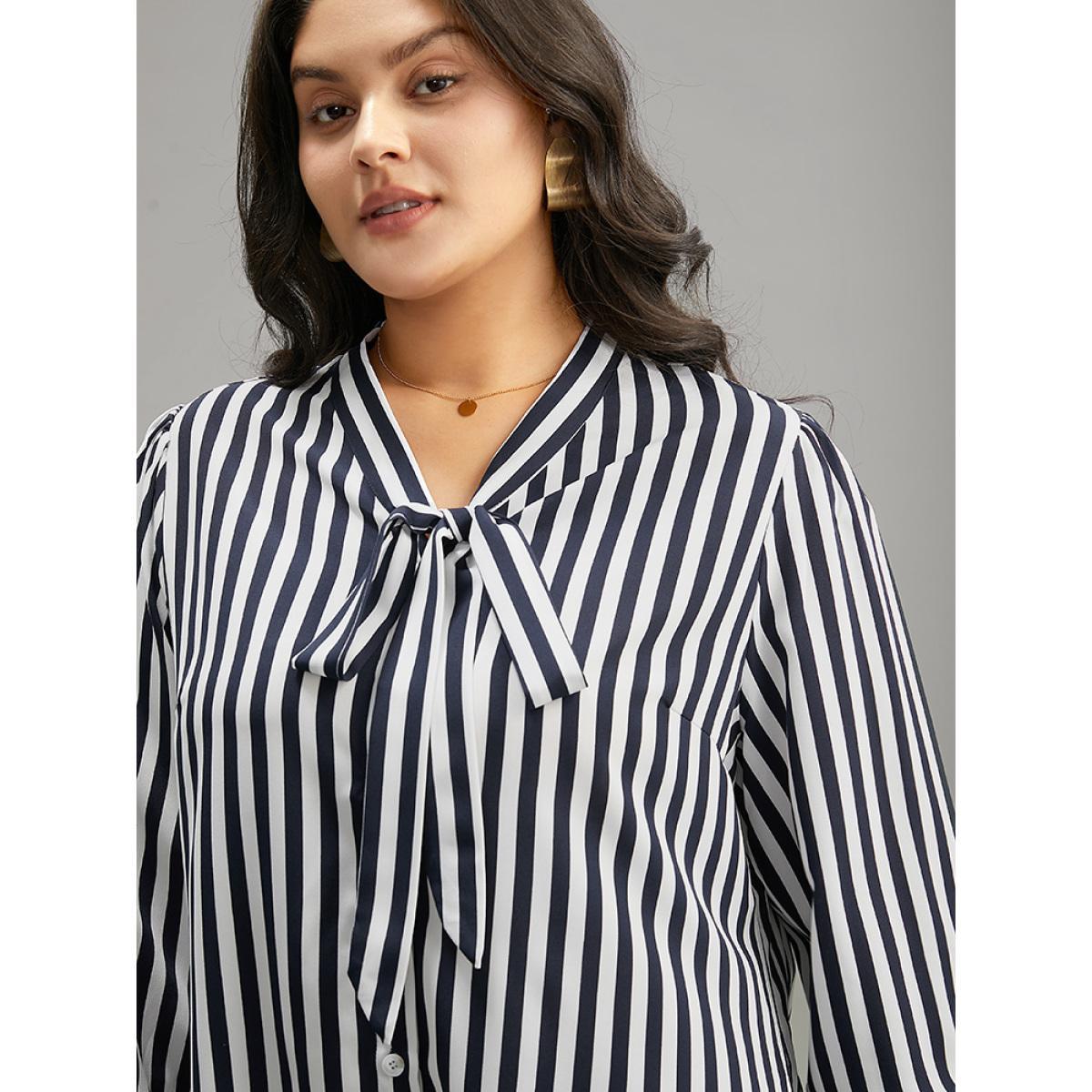Plus Size Indigo Striped Bowknot V Neck Curved Hem Woven Top Women Office Long Sleeve Shirt collar Work Blouses BloomChic 28/5X Product Image
