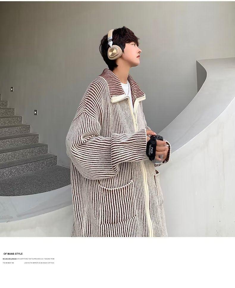 Striped Pocket Detail Oversized Zip Cardigan Product Image