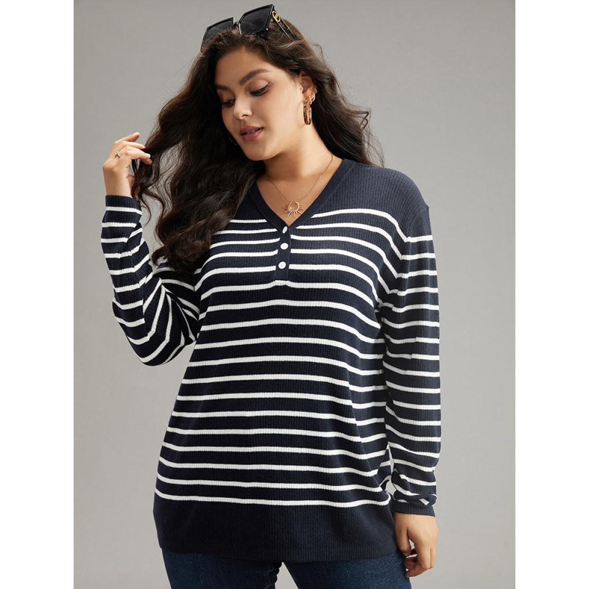 Plus Size Supersoft Essentials Striped Button Through Pullover Midnight Women Casual Loose Long Sleeve V-neck Dailywear Pullovers BloomChic 30/6X Product Image