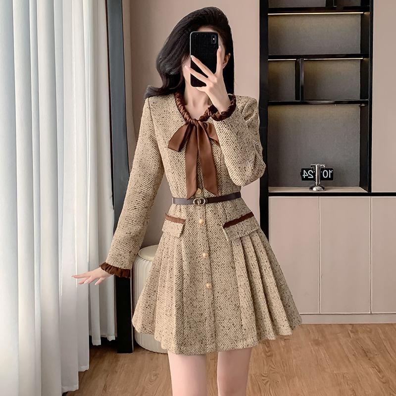 Long-Sleeve Ribbon Neck Tweed Mini A-Line Pleated Dress Product Image