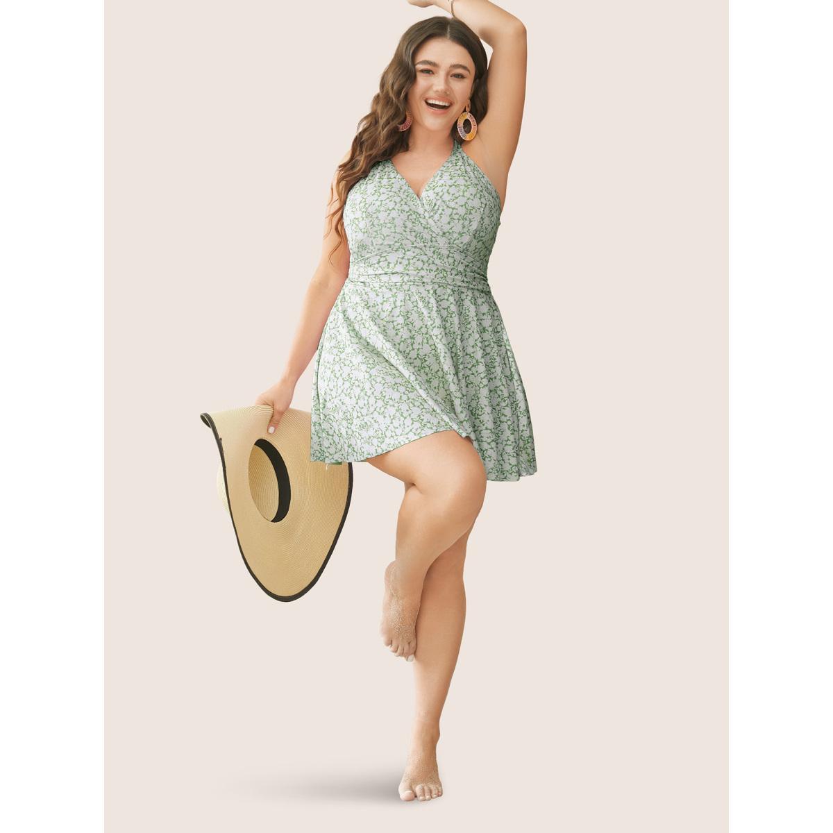 Plus Size Ditsy Floral Halter Neck Split Hem Swim Dress Women's Swimwear Mint Beach Bodycon V-neck High stretch Curve Swim Dresses BloomChic 12/L Product Image
