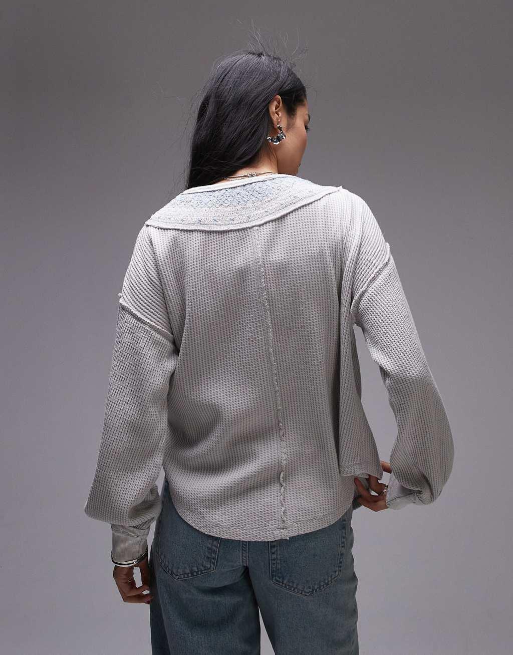 Free People stitch detail relaxed waffle henley sweatshirt in heather gray Product Image