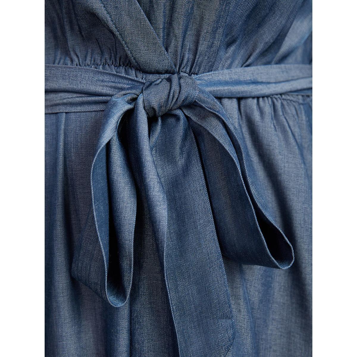 Plus Size Plain Button Detail Wrap Belted Tab Sleeve Dress Indigo Women Casual Plain V-neck Long Sleeve Curvy Midi Dress BloomChic 14-16/1X Product Image