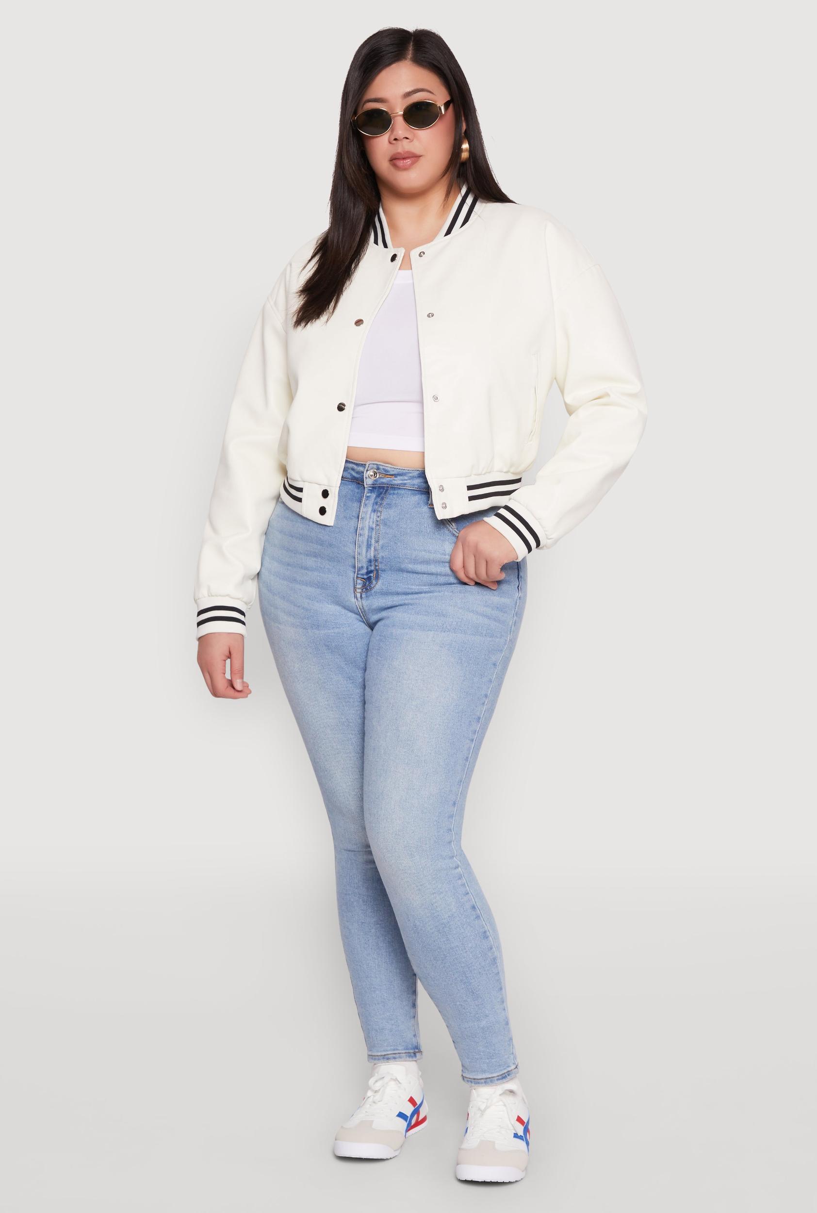 Womens Plus Size Daisy Faux Leather Varsity Jacket Product Image
