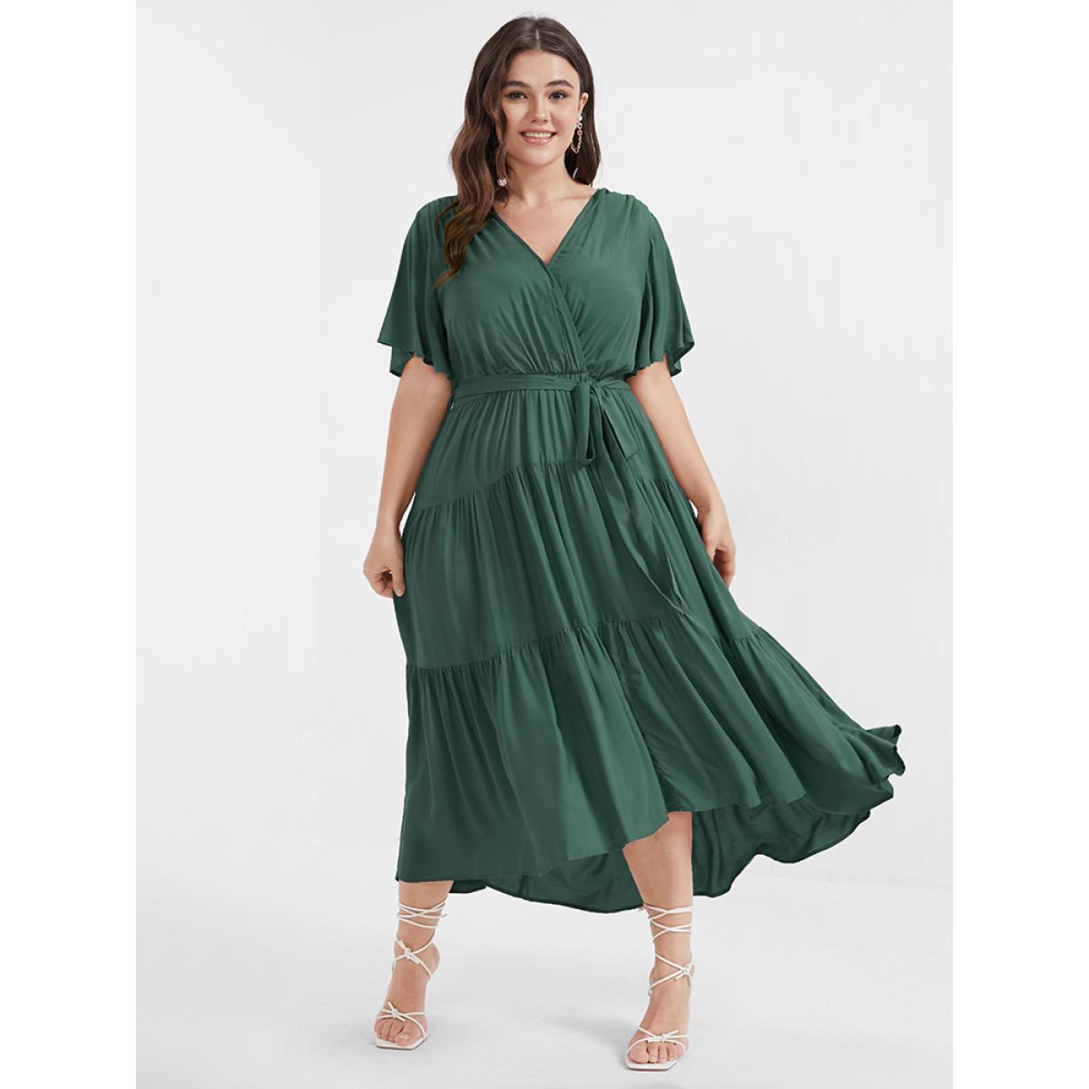 Plus Size Solid Button Pocket Belted Ruffles Wrap Midi Dress DarkGreen Women Elegant Cross straps V-neck Short sleeve Curvy Long Dress BloomChic 10/M Product Image
