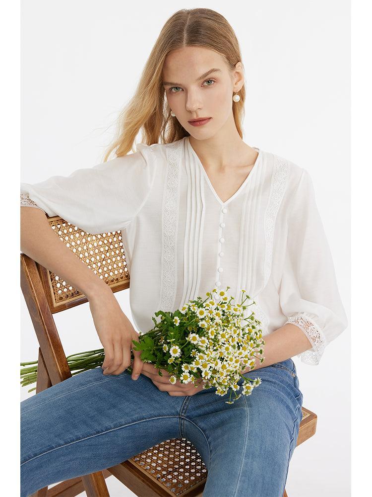 Acetate V-Neck Lace Trim Women Blouse Product Image