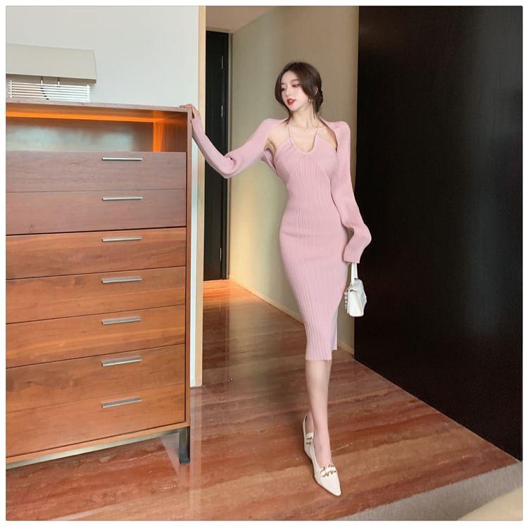 Set: Halter Plain Ribbed Knit Midi Sheath Dress + Bolero Cardigan Product Image