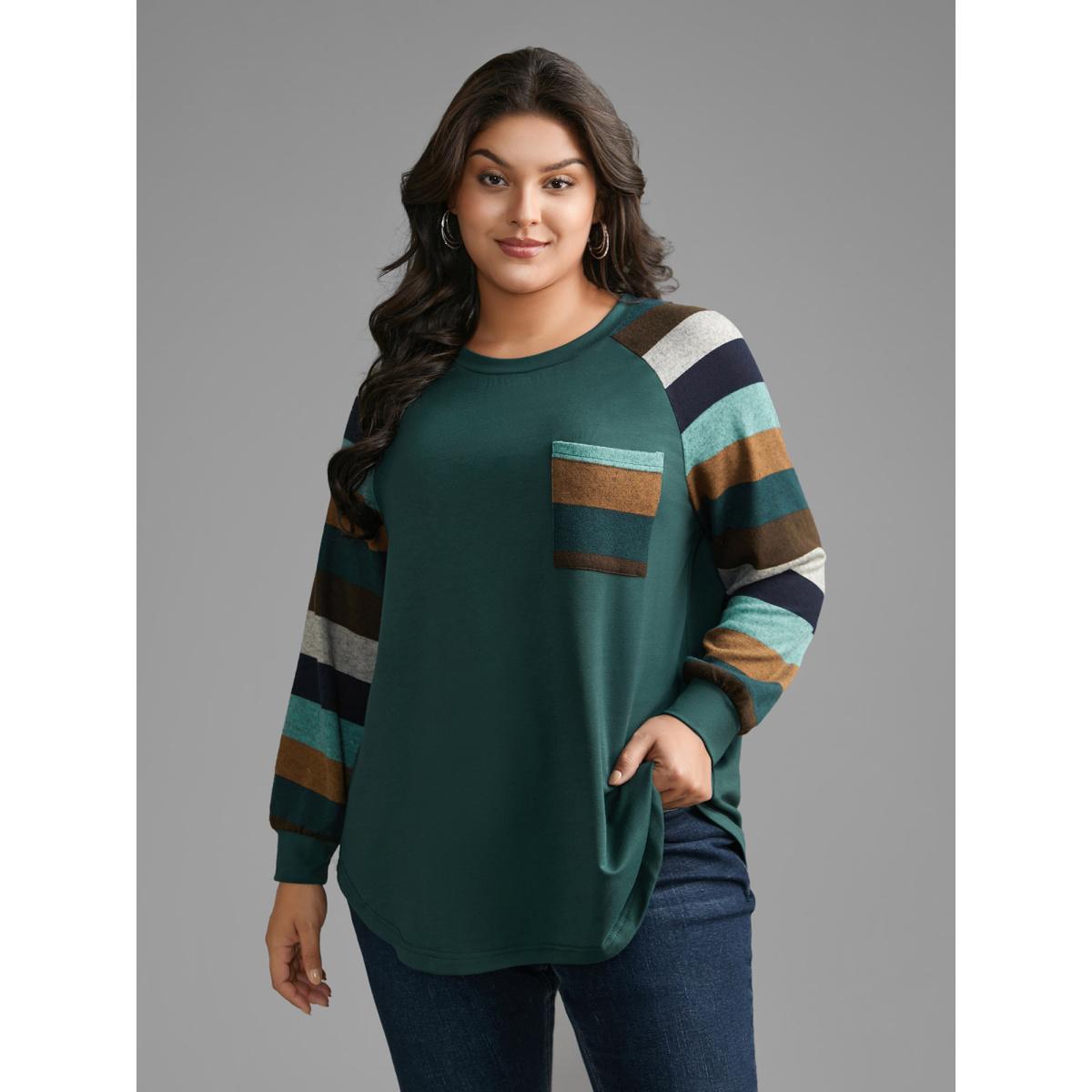 Plus Size Contrast Patched Pocket Raglan Sleeve Sweatshirt Women Cyan Casual Contrast Round Neck Everyday Sweatshirts BloomChic 30/6X Product Image