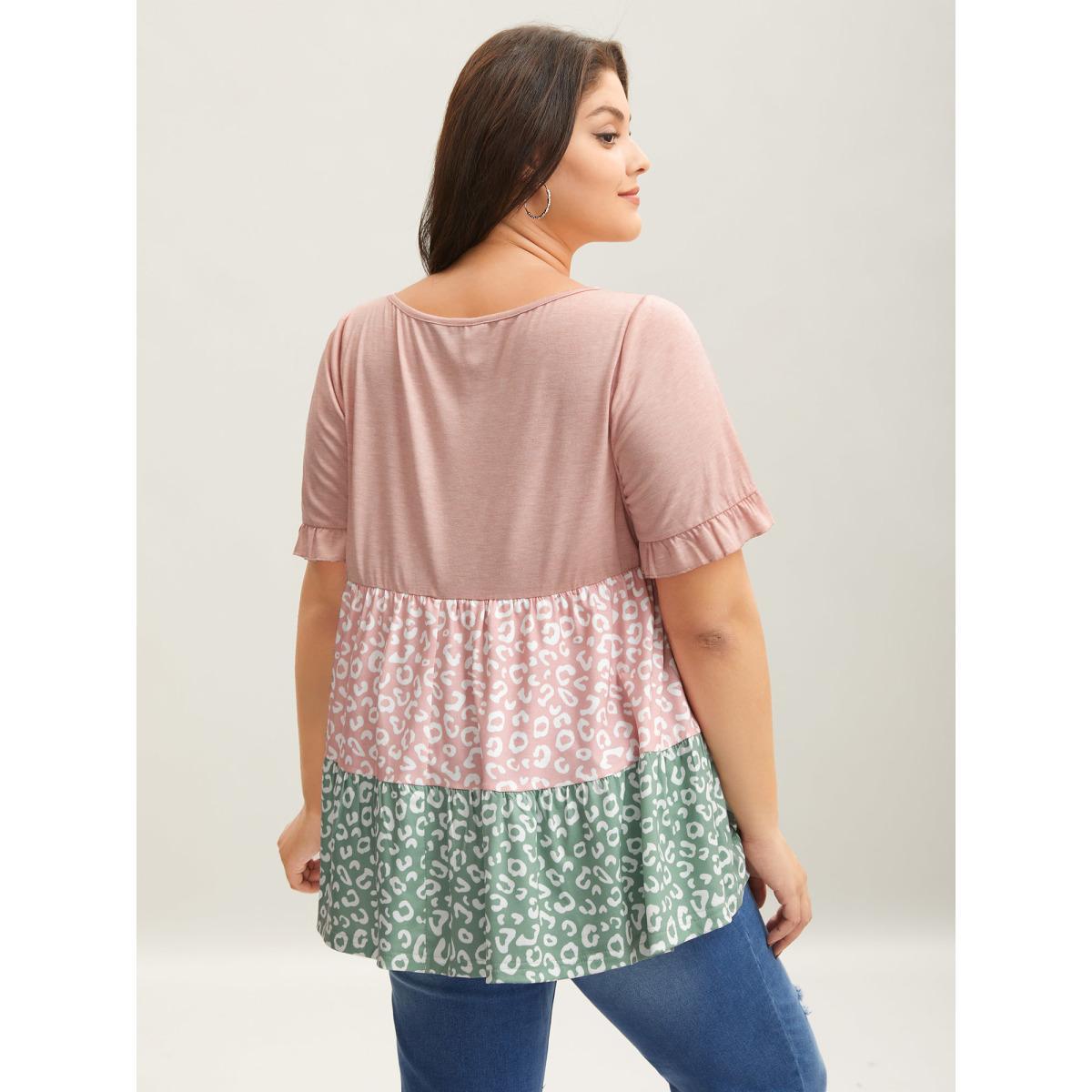Plus Size Spliced Printed Tiered Ruffled Sleeve T-Shirt Multicolor Women Casual Gathered Round Neck Everyday T-shirts BloomChic 18-20/2X Product Image