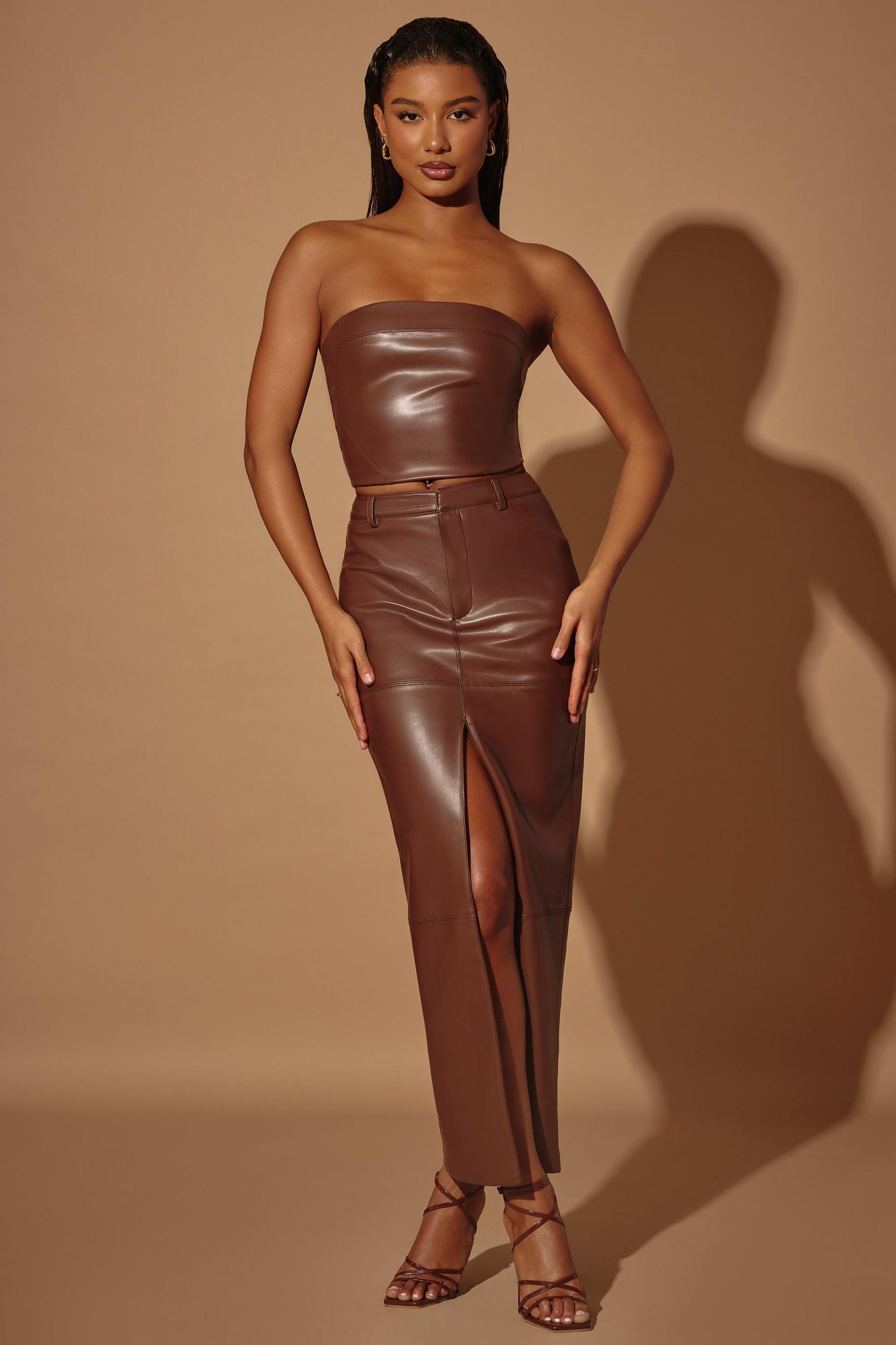 Mid-Rise Vegan Leather Maxi Skirt in Brown Product Image