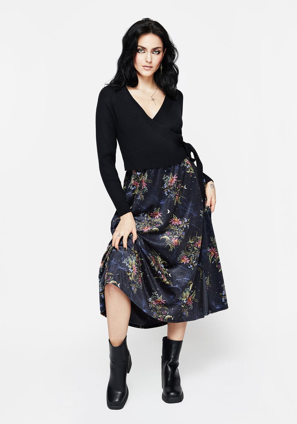 Cleome Floral Spiderweb Velour Midi Skirt Product Image
