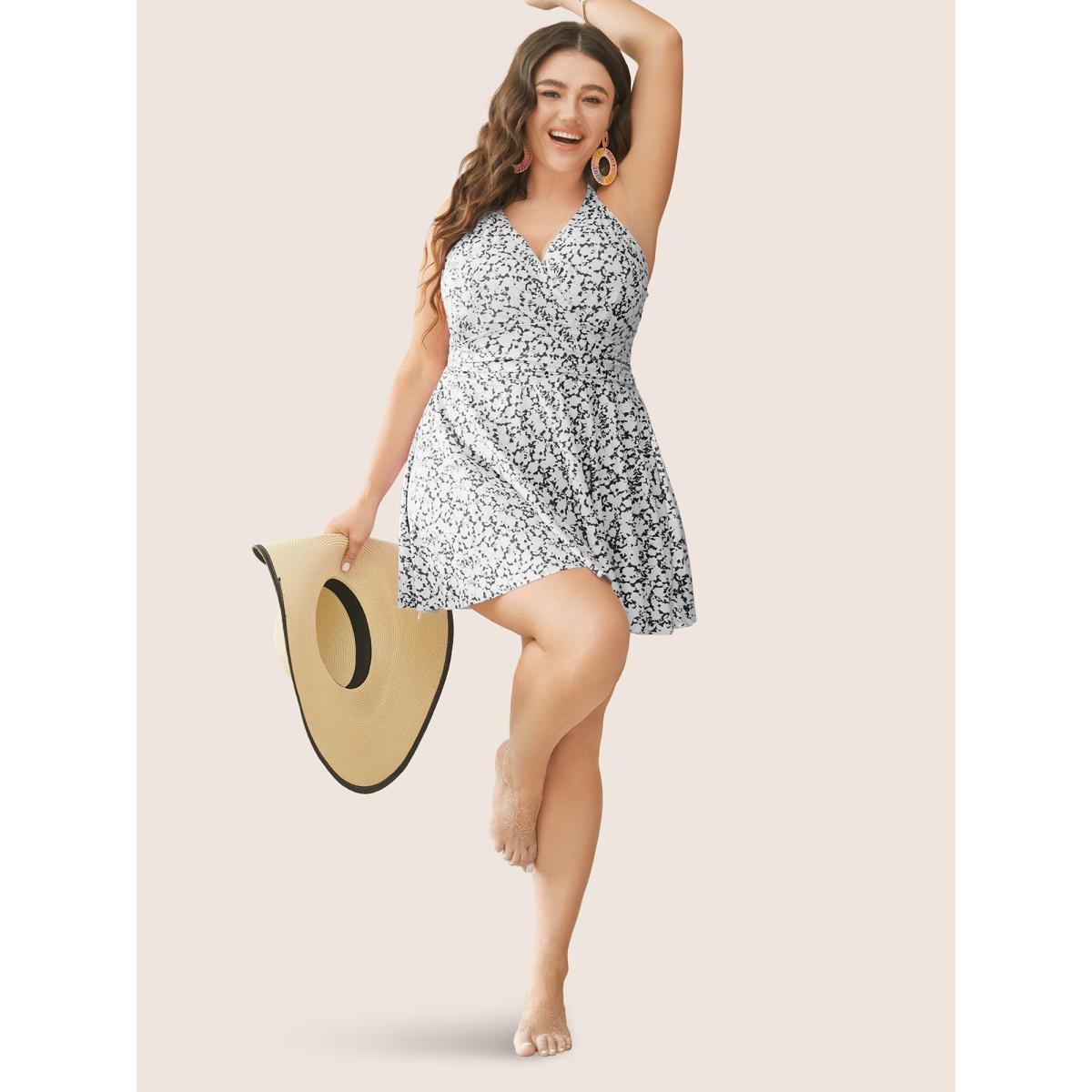 Plus Size Ditsy Floral Halter Neck Split Hem Swim Dress Women's Swimwear Black Beach Bodycon V-neck High stretch Curve Swim Dresses BloomChic 18-20/2X Product Image