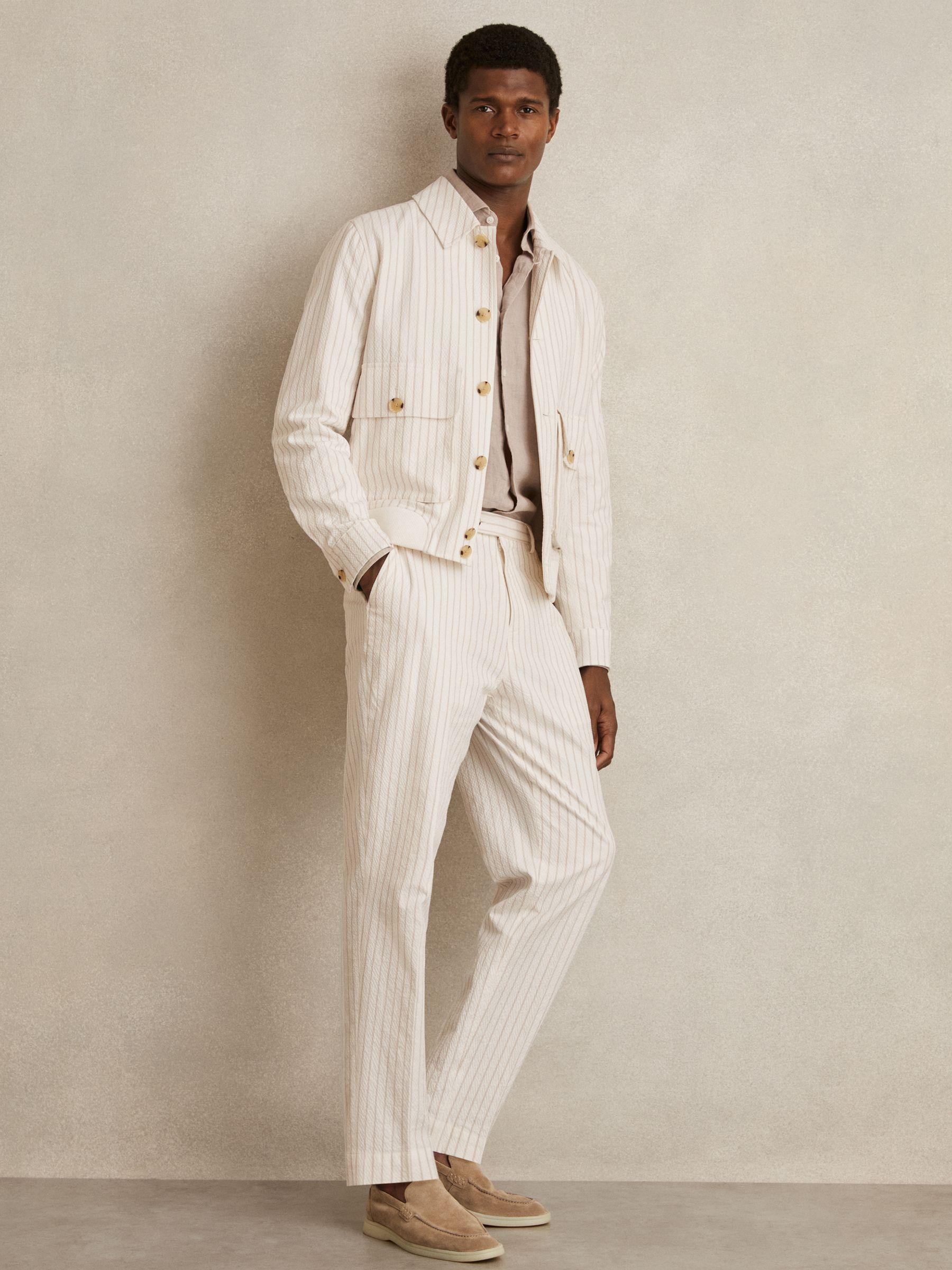 Cotton-Blend Pinstripe Harrington Jacket in Off White/Taupe Brown Product Image