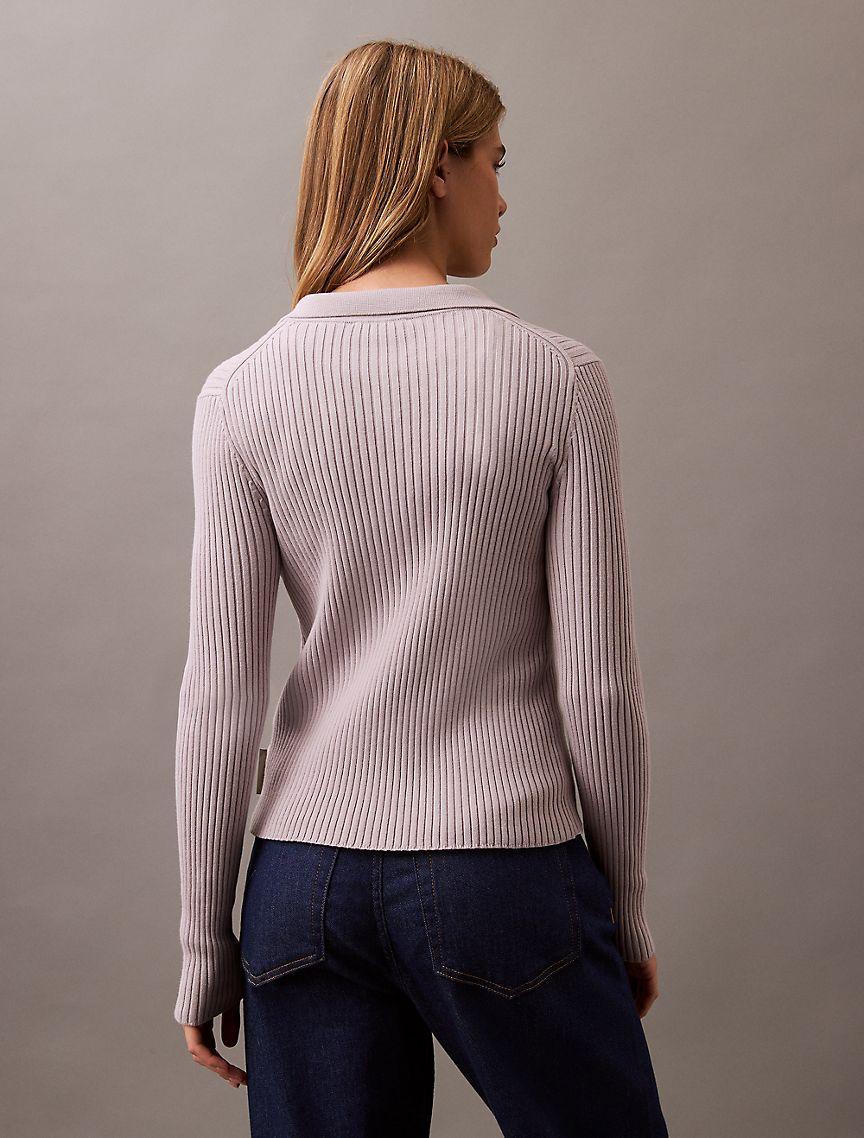 Smooth Cotton Rib Long Sleeve Polo Sweater Product Image