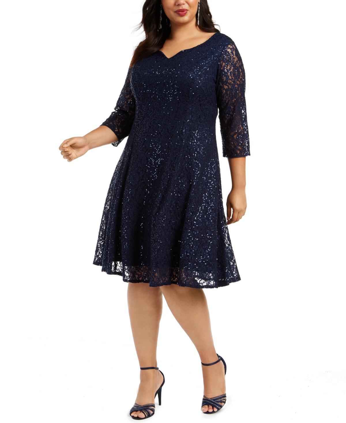 Ignite Evenings Plus Size 34 Sleeve V-Neck Sequin Lace A Product Image