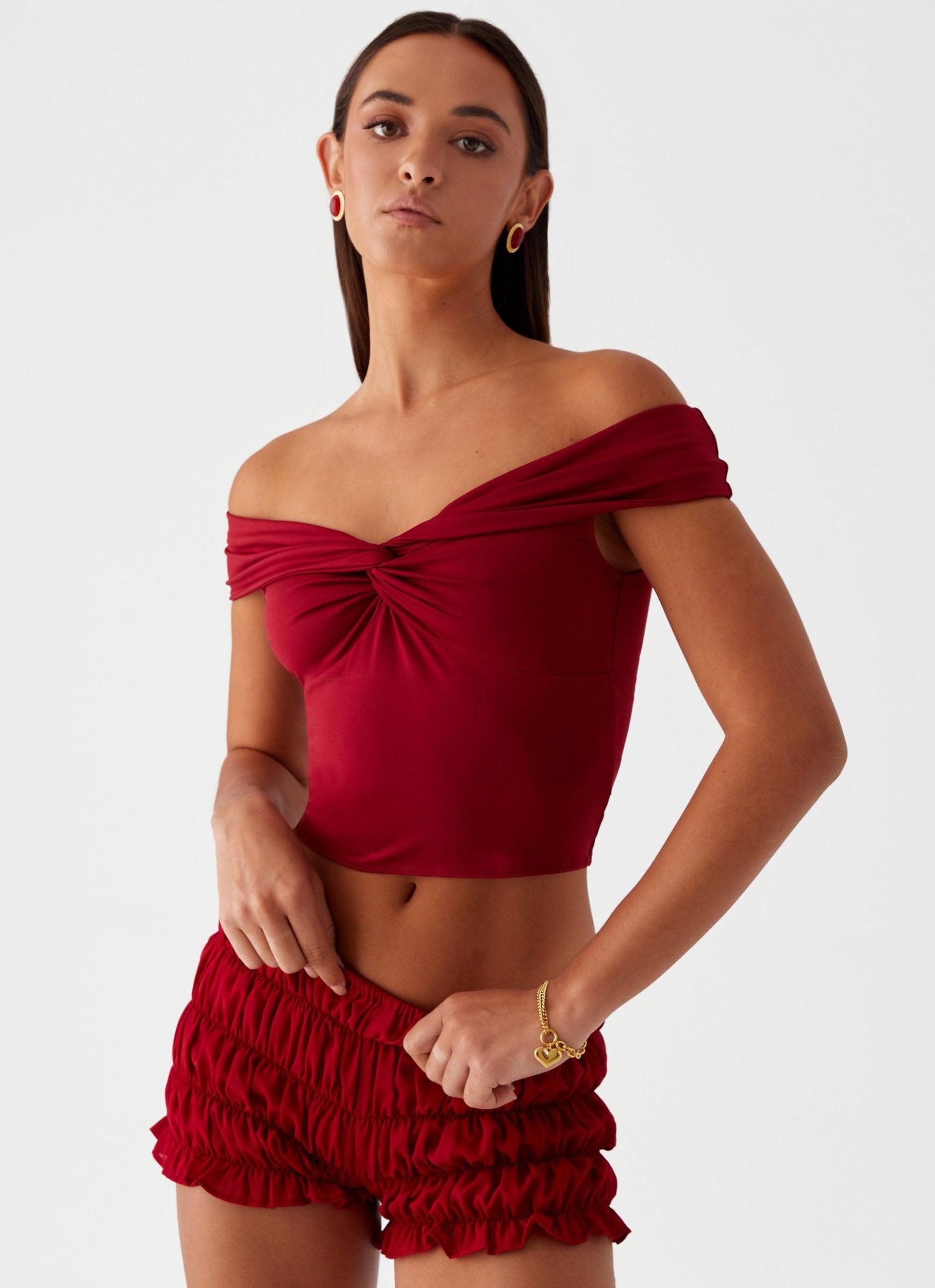 Trixie Twist Off Shoulder Top - Maroon Product Image