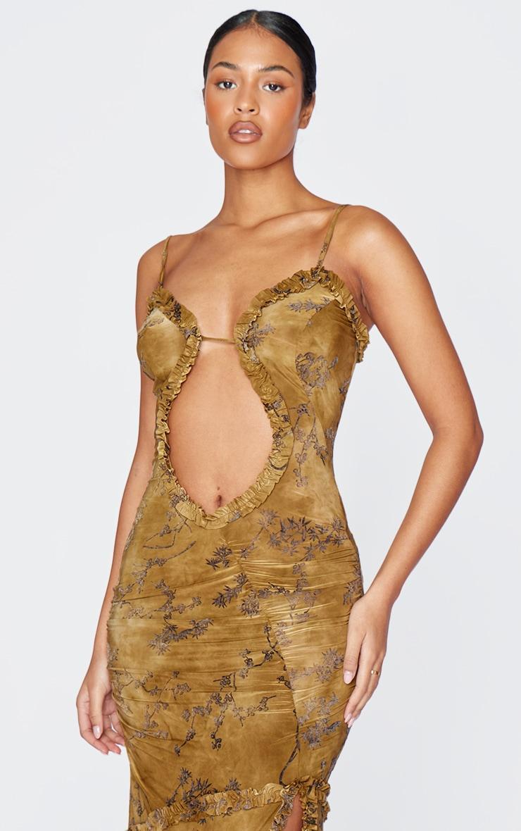 Tall Green Floral Printed Devore Cut Out Cami Spilt Hem Maxi Dress Product Image