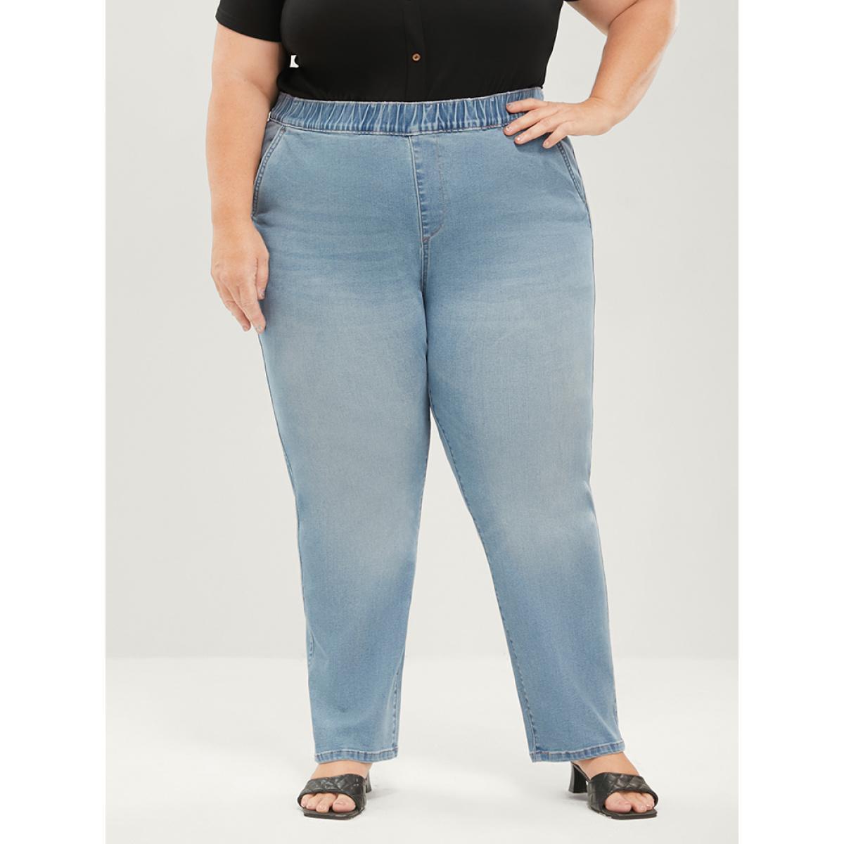 Plus Size Mom Jeans Straight Very Stretchy Mid Rise Light Wash Jeans Women Blue Casual Plain Elastic Waist High stretch Jeans BloomChic 14/1X Product Image