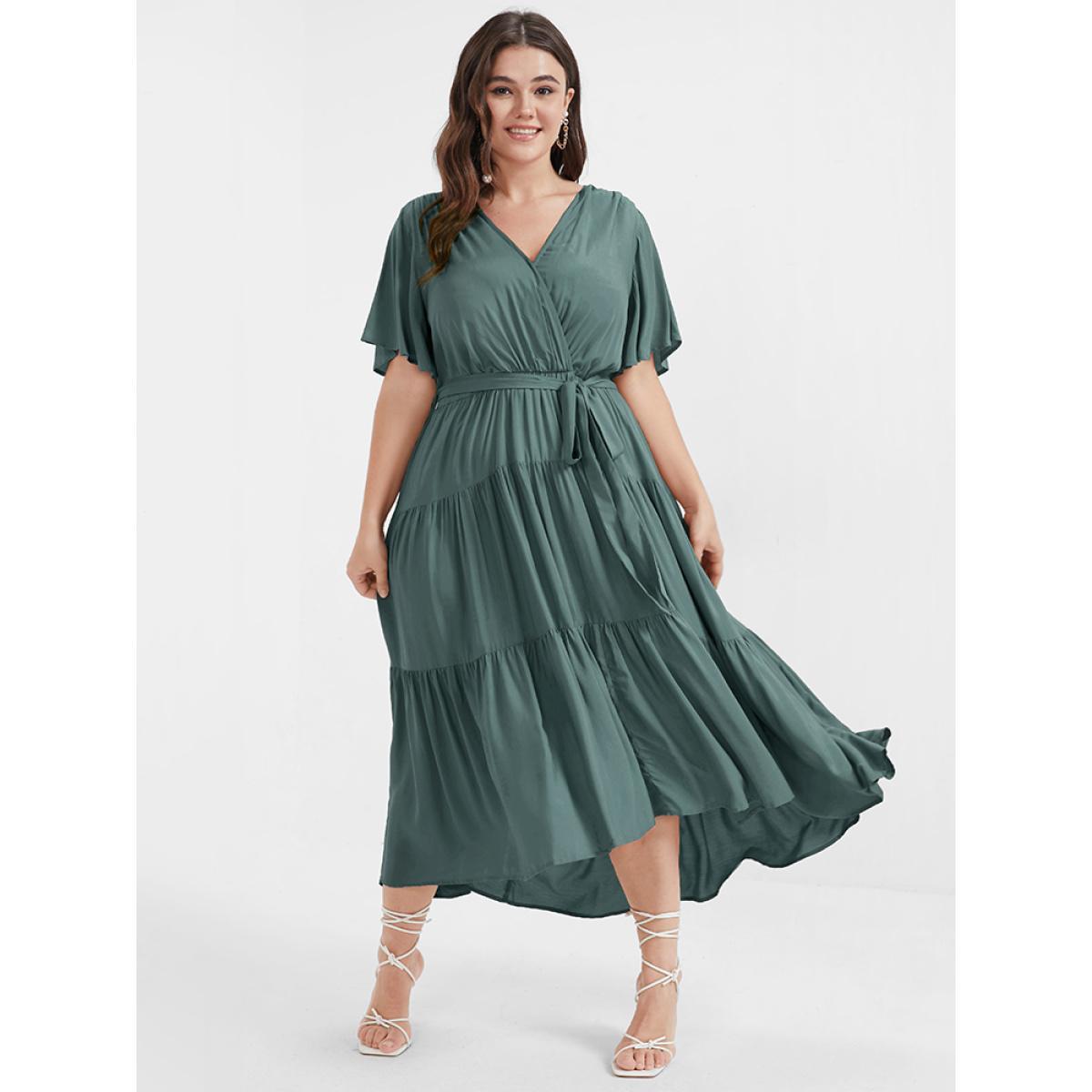 Plus Size Solid Button Pocket Belted Ruffles Wrap Midi Dress Emerald Women Elegant Cross straps V-neck Short sleeve Curvy Long Dress BloomChic 28/5X Product Image